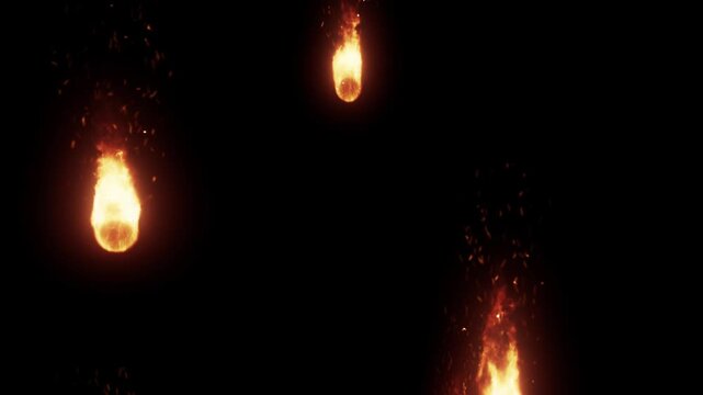 Meteorite Fireball Rain Storm 4K Loop features balls of fire streaming down in various sizes and speeds against a black background in a loop.