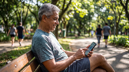 Fototapeta premium Mature man using smartphone on park bench, active senior browsing mobile device outdoors