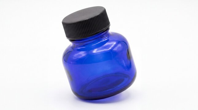 Cobalt blue glass bottle with black screw cap, small apothecary jar for essential oils, empty cosmetic container for skincare products isolated PNG with Transparent Background