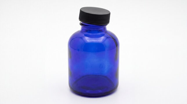 Cobalt blue glass bottle with black screw cap, empty apothecary jar for essential oils, medical pharmaceutical vial isolated PNG with Transparent Background