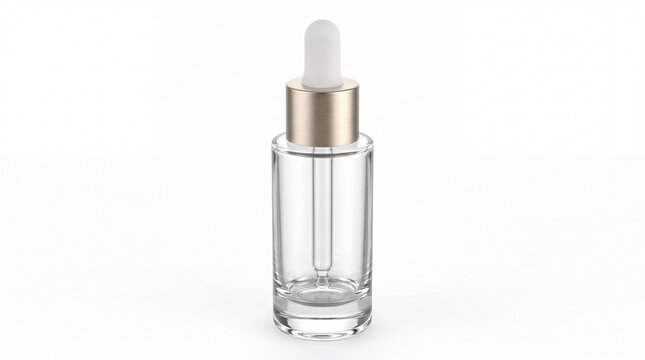 Clear glass dropper bottle with gold cap, luxury cosmetic serum vial for skincare branding, empty essential oil container isolated PNG with Transparent Background