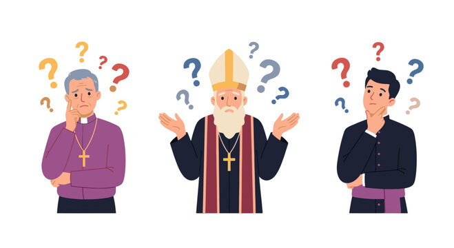 Three priests with question marks around them, expressing confusion and doubt, conceptual illustration