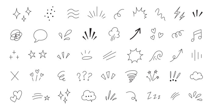 Cute Hand Drawn Comic Doodle Set with Emotion Symbols, Speech Bubbles, Sparkles and Dynamic Lines