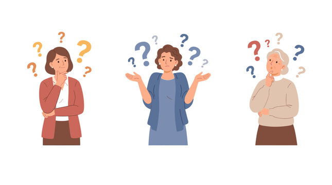 Three women of different ages pondering with question marks above their heads, concept of doubt and confusion