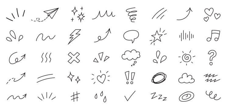 Hand Drawn Doodle Line Elements Set, Movement Strokes, Comic Symbols and Cute Expressions . Cute comic cartoon emoji bubble heart star sparkle expression manga. Vector illustration   