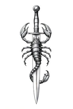 Metallic scorpion wrapped around silver dagger on white background
