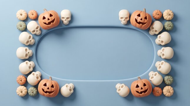 Festive halloween background featuring a decorative border of small pumpkins and skulls on a light blue surface