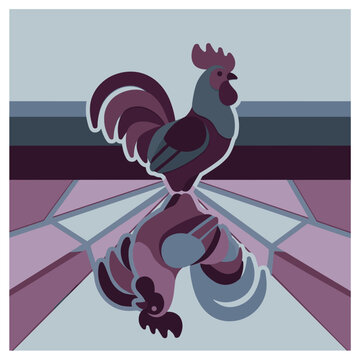 Stylized rooster reflected on a geometric surface, abstract pixel