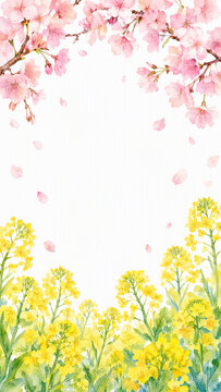 Watercolor spring border with yellow rapeseed flowers and cherry blossom