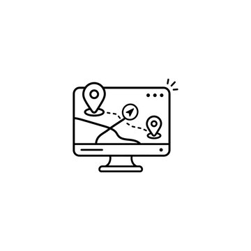 Line art icon of a computer monitor displaying a map with navigation pins gps tracking monitor vector route graphic travel sign directions elemen