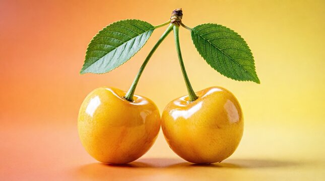 Two yellow cherries with green leaves on gradient background