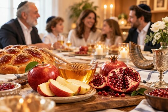 Traditional Rosh Hashanah holiday table setting with honey, apples, pomegranate, shofar, and round challah bread in focus. Happy multi-generational Jewish family celebrating the New Year dinner