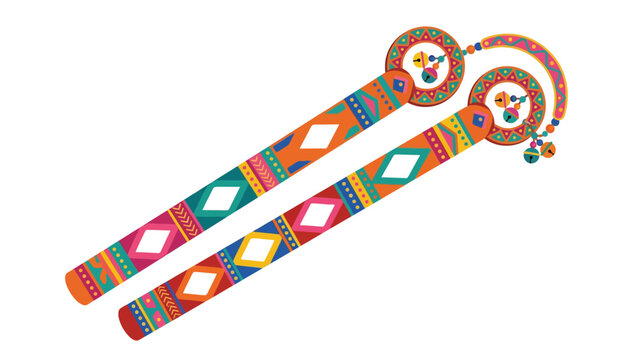 Vibrant decorative dandiya sticks with colorful traditional patterns and small bells, representing the festive spirit of Indian Navratri, ideal for cultural event posters and greeting cards.