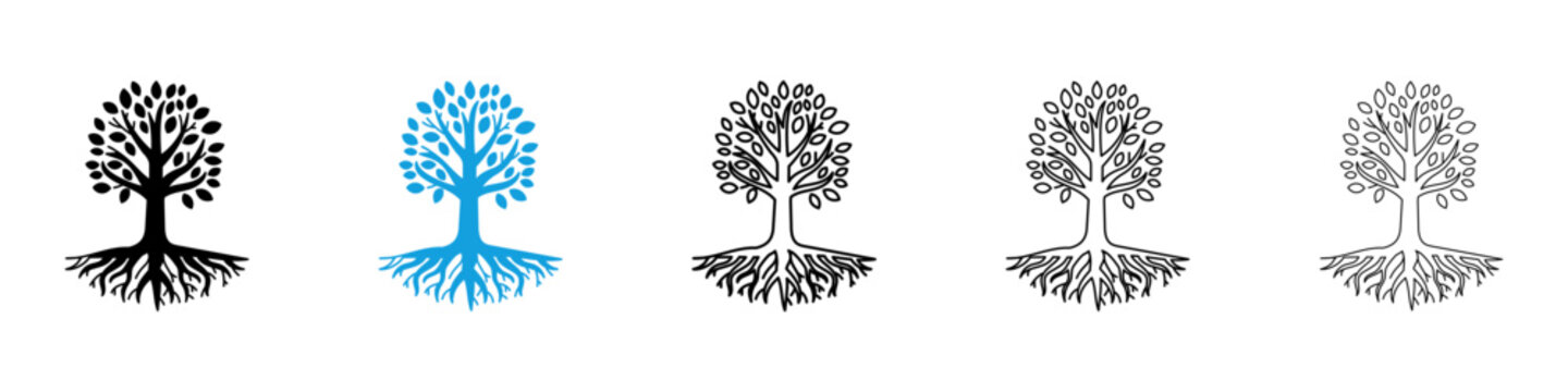 Tree with roots and leaves icon flat outline in black