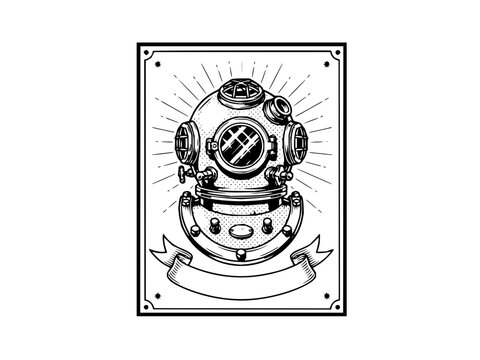 Vintage deep sea diving helmet illustration with blank ribbon banner inside a decorative rectangular frame