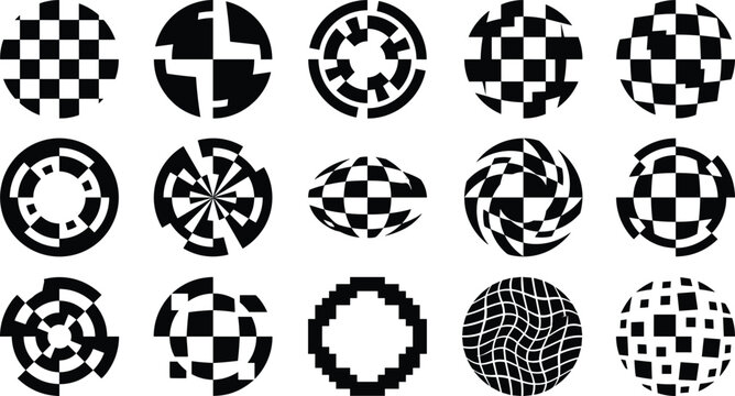 Abstract geometric sphere icon collection featuring checkerboard globes, segmented circles, woven patterns, orbital shapes, wireframe spheres and pixelated circular designs