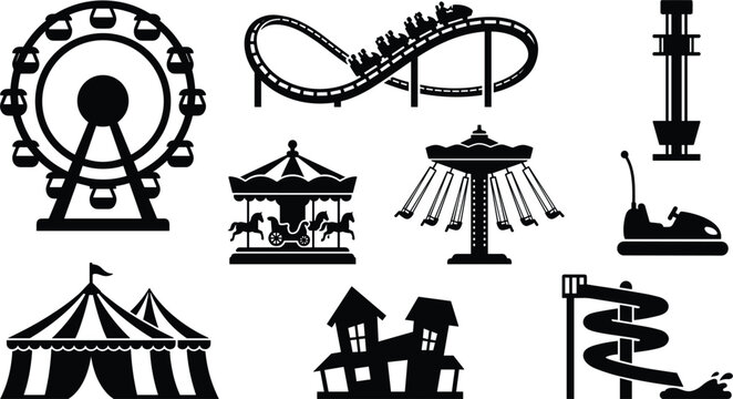Amusement park and carnival icon collection featuring Ferris wheel, roller coaster, carousel, swing ride, drop tower, bumper car, circus tent and funfair attractions