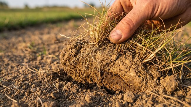 Close view of turf roots in dry compacted soil