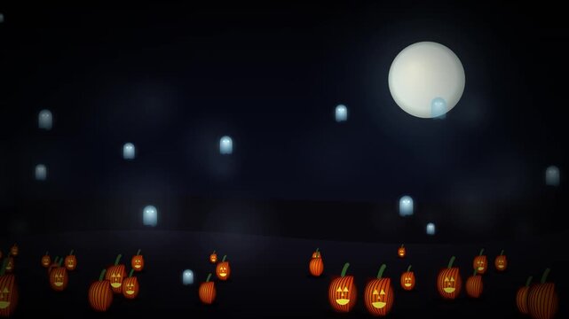 Spooky Halloween Night Landscape with Flying Glowing Ghosts, Pumpkin Patch, and Full Moon Motion Loop