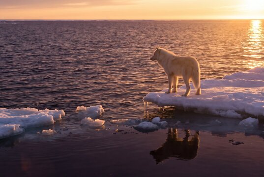 Arctic Wolf Standing on Melting Ice Floe Surrounded by Open Ocean at Golden Sunset with Water Reflection Climate Change Endangered Wildlife Environmental Concept