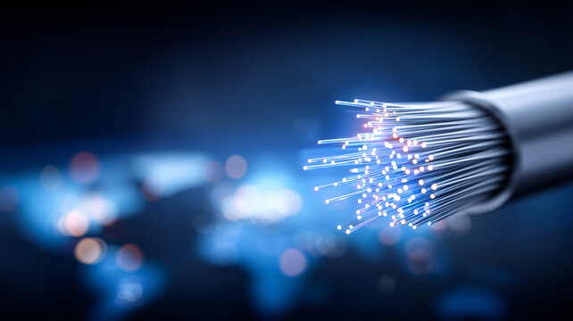 A fiber optic cable with illuminated strands represents high speed data transmission and advanced telecommunications connectivity.
