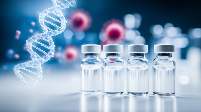 A DNA helix beside medical vials represents genetic research and biotechnology innovation for advanced medicine and treatment development.
