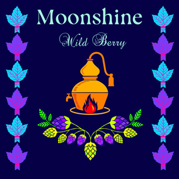 vector, vector graphics, moonshine, corn, berries, maize, label, sticker, blueberry, oak, wormwood, mint, wild berry, rowan, juniper, alcoholic beverages, bourbon, spirits, alcoholic products