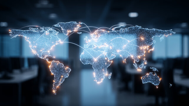 Digital world map with connected paths represents global networking and the concept of international communication data exchange and worldwide connectivity.
