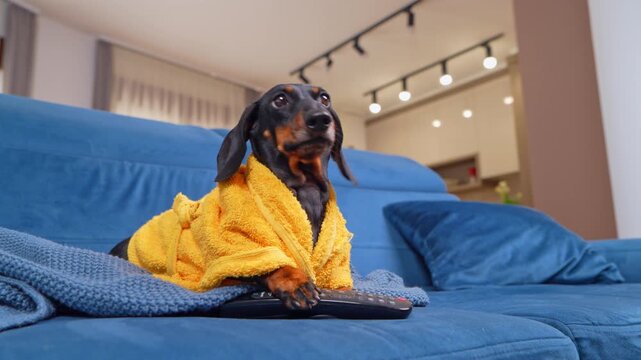 A black and tan dachshund dog wearing a yellow bathrobe lies on a blue sofa at home, resting a paw on a remote control while looking to the side.
