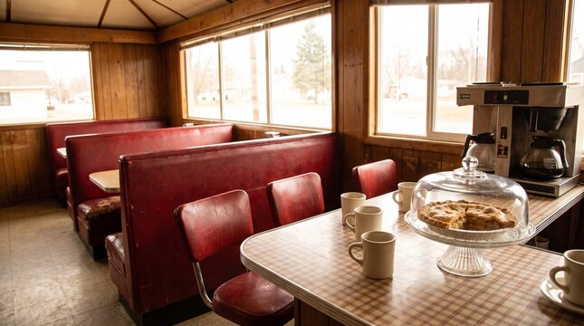 Diner interior with red booths and apple pie