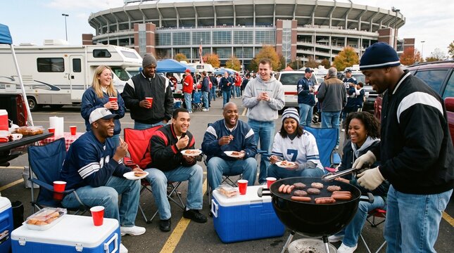 Friends tailgating and grilling before a football game