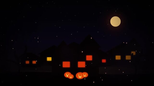 Spooky Halloween Village Night Landscape with Full Moon and Glowing Pumpkins Motion Loop