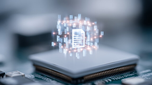 A digital document hovering above a processor represents automated data management and intelligent information processing within connected systems.
