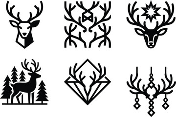 Obraz premium Collection of six black linear deer and antler illustrations for design projects isolated on transparent background