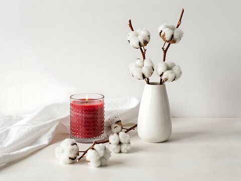 Minimalist home decor scene featuring a burning red candle and fluffy cotton branches in a white vase