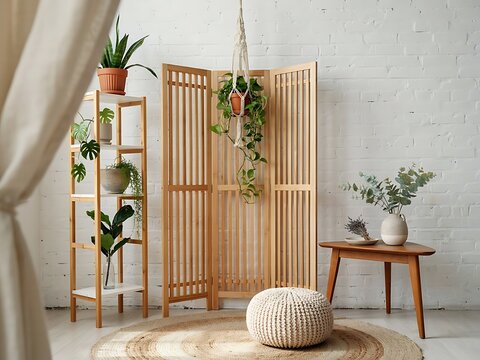 Cozy bohemian interior design featuring a wooden room divider and green potted houseplants