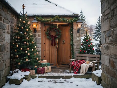 Cozy winter cottage entrance decorated with Christmas trees and glowing lights in the snow
