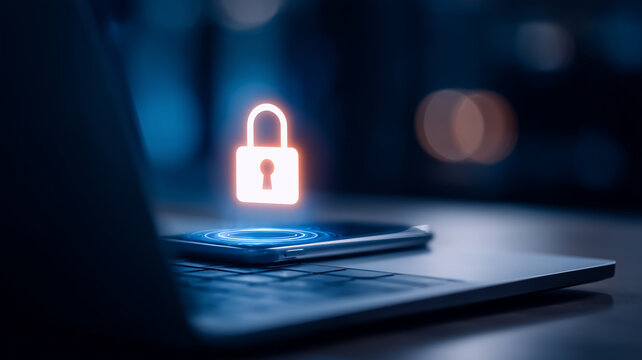 A smartphone resting on a laptop beneath a padlock icon represents secure mobile access and endpoint cybersecurity protection.
