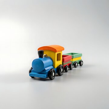 A colorful wooden toy train with carriages sitting on a neutral grey background