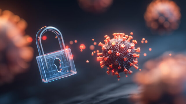 A padlock beside a virus particle represents malware protection and cybersecurity defense against digital threats and computer infection.
