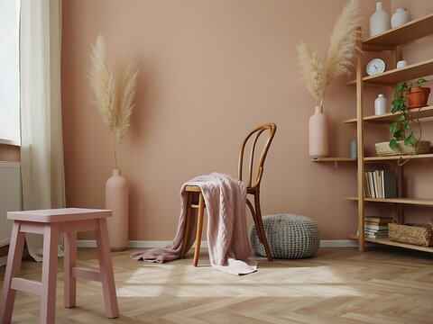 Cozy living room interior with wooden chair blanket and shelves against beige wall