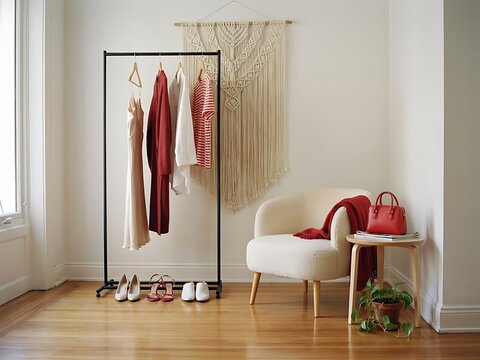 Modern minimalist dressing room interior with a clothes rack holding stylish garments and an armchair