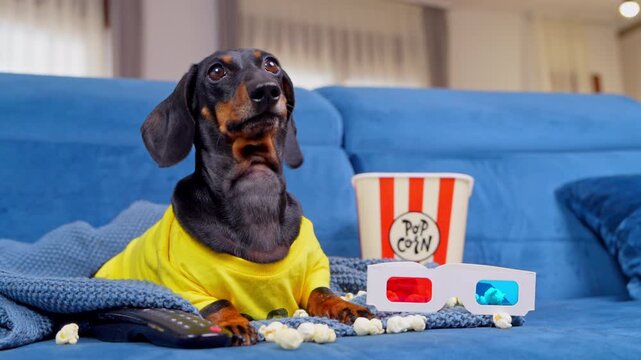 A black and tan dachshund dog in a yellow shirt sits attentively beside a striped popcorn tub, paper 3D eyewear and a scattered snack on a blue couch, a concept of streaming subscription marketing.