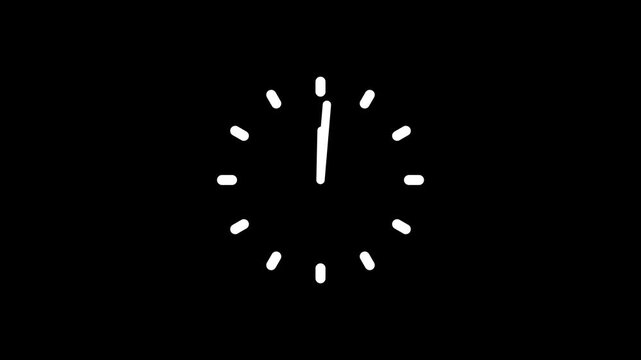 White Clock Time Icon with Hour Markers and Hands for Schedule, Deadline, Appointment, Timer and Time Management on Black Background 4k video animation.