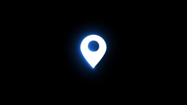 Glowing Neon Location Pin Icon for GPS Navigation and Digital Map Services on Black Background.
