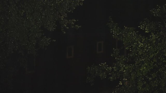 Rain falls during a dark night with lightning flashes illuminating a rural house hidden in the forest behind wet tree branches