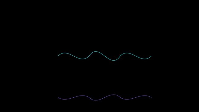 Minimalist abstract sine wave animation with teal and purple glowing neon lines on 4k black background