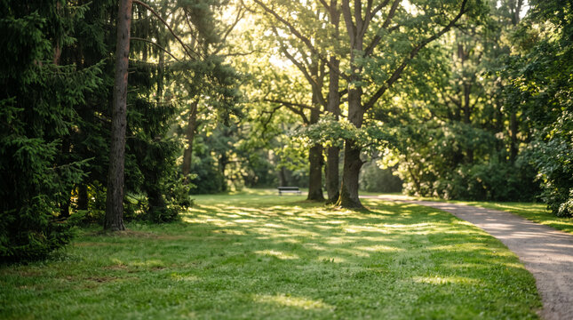 Lush green park lawn bathed in soft morning sun. Tall trees create dappled shadows on grass. Fir trees frame the left side of this tranquil outdoor scene