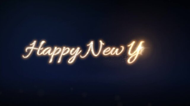 Happy New Year glowing handwritten script text animation with sparkle light on dark blue background