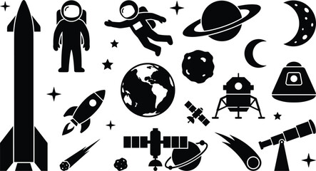 Space exploration and astronomy icon collection featuring rocket, astronauts, planets, Earth, satellites, lunar lander, comets, asteroids and telescope symbols © MijanurRahman